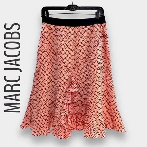 MARC JACOBS🎄Silk Red and Ivory POLKADOT Ruffle Midi Skirt with Black Waistband - Picture 7 of 7